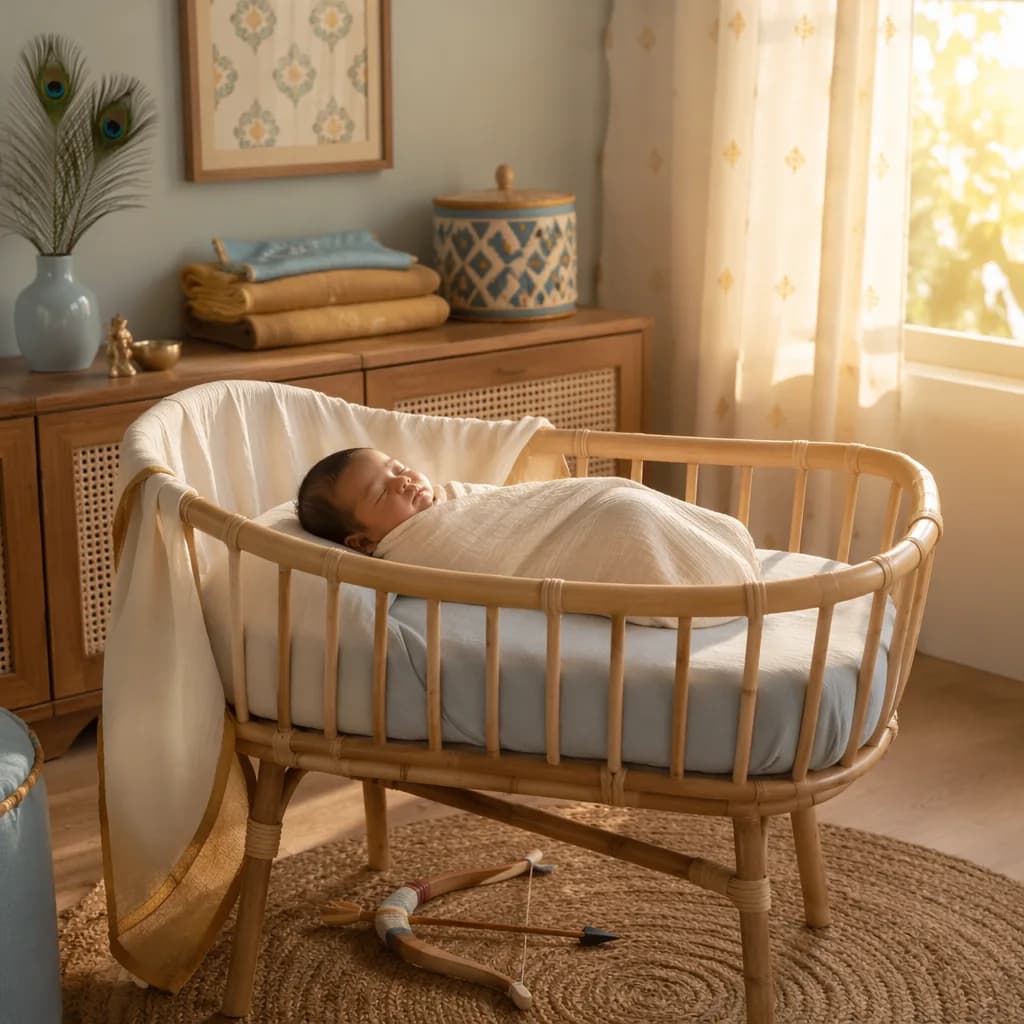 Sleeping newborn in a warm pastel nursery with subtle Indian-inspired peacock feather and wooden toy details.