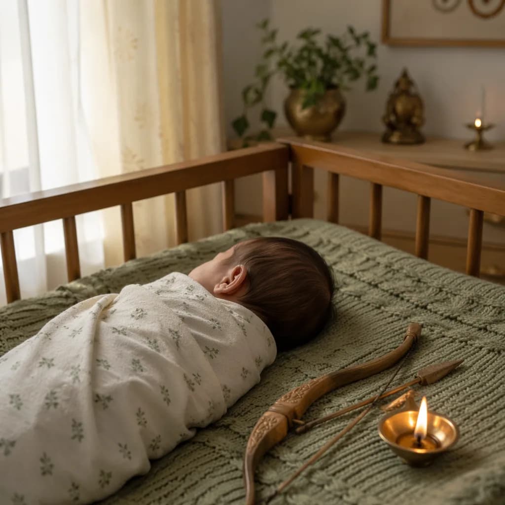 Sleeping baby in a warm pastel nursery with a toy bow and soft golden light.