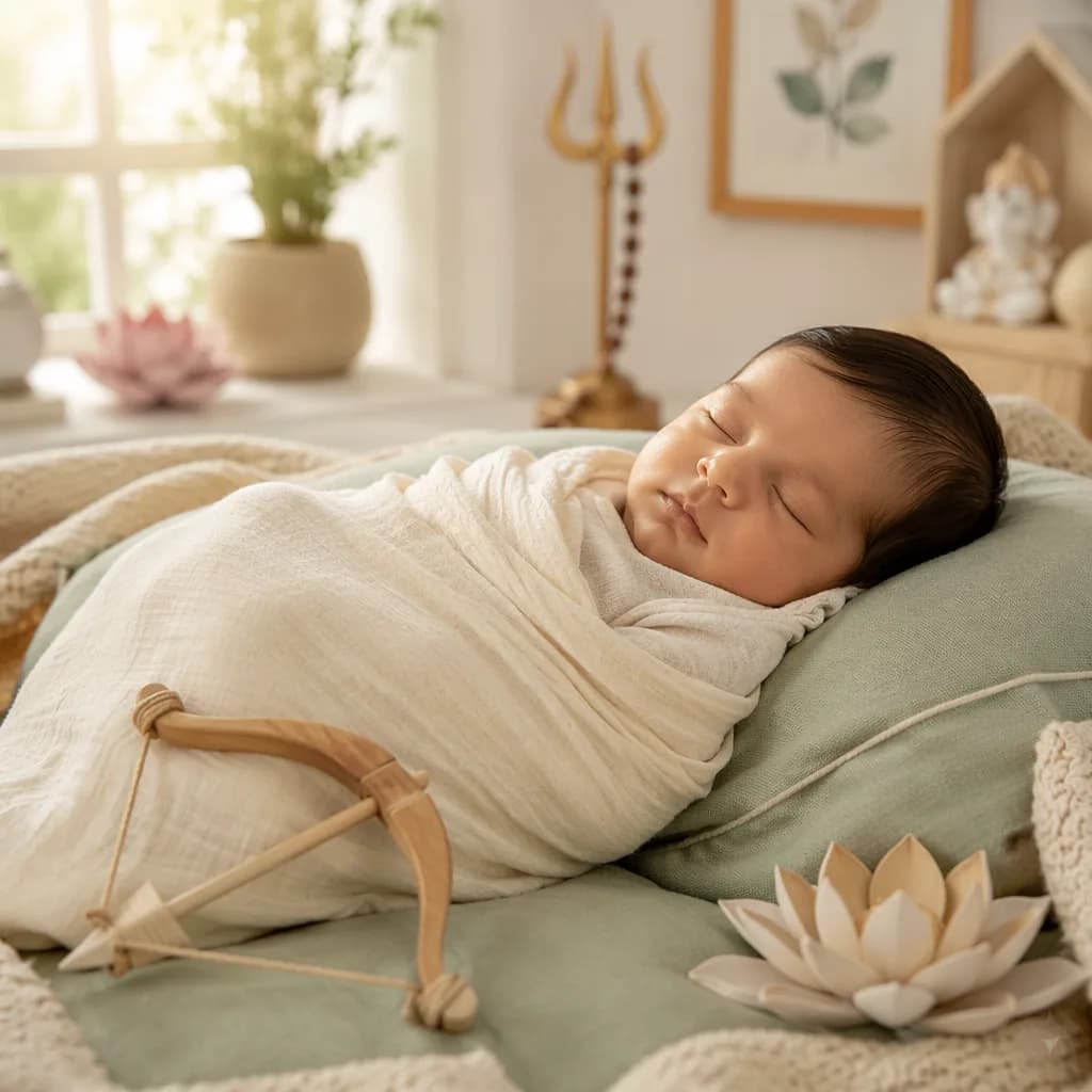 Newborn in a soft pastel nursery with subtle Indian cultural symbols.