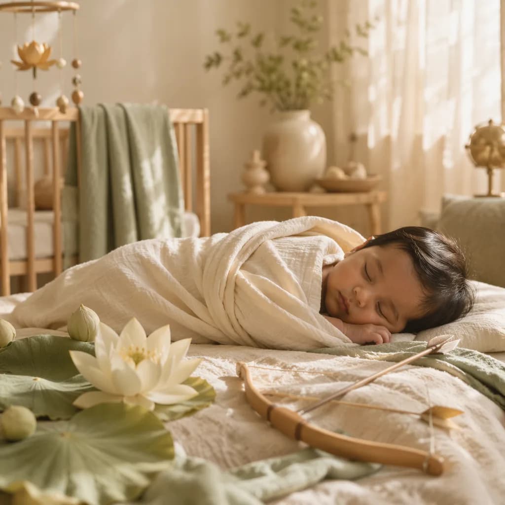 Sleeping baby in a soft pastel nursery with gentle noble-inspired details.