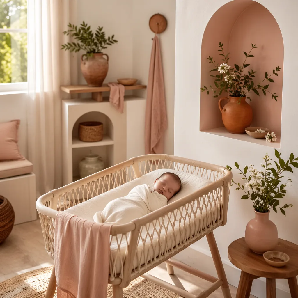 Sleeping swaddled baby in a soft Spanish-inspired nursery with orange blossom accents.