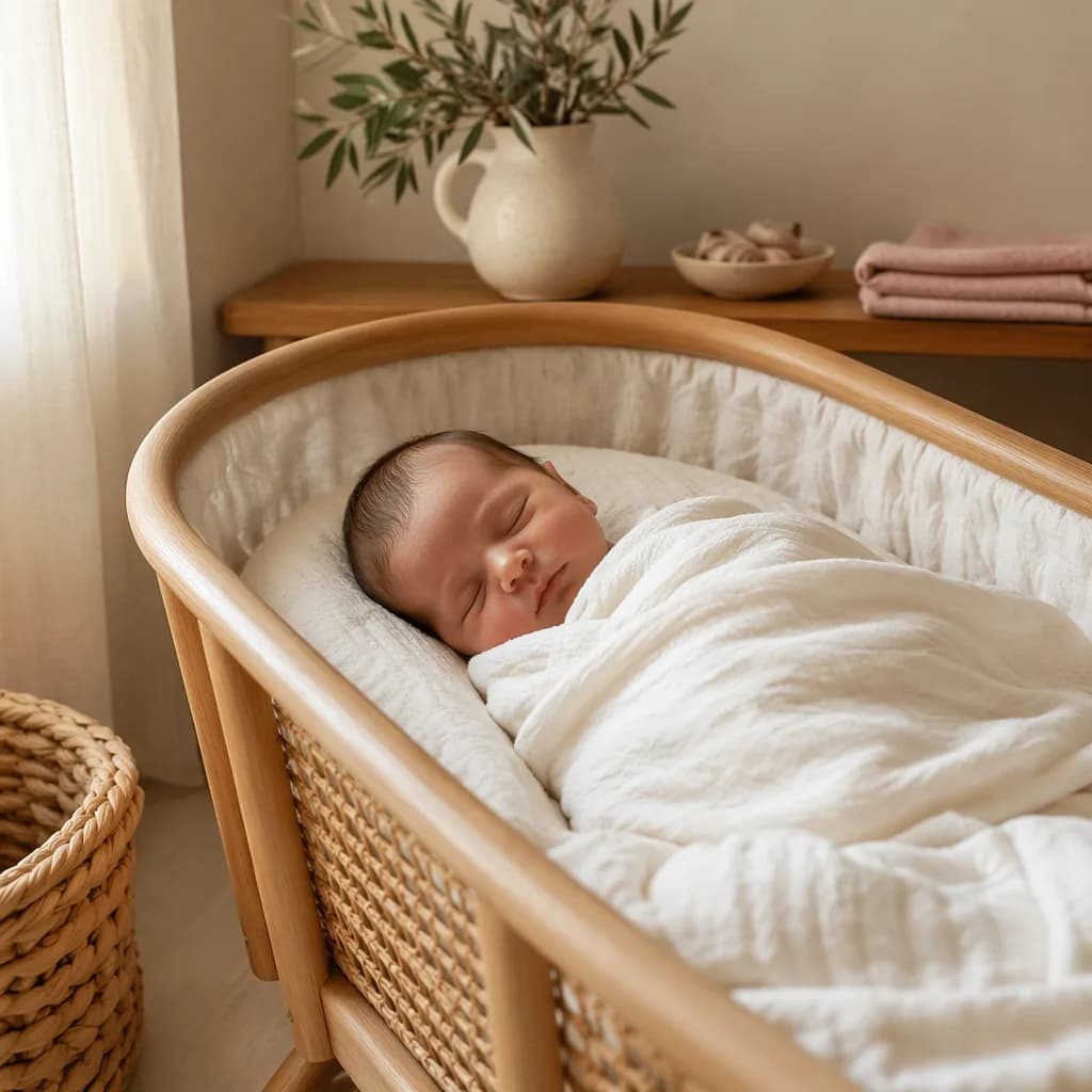 A peaceful swaddled baby in a warm pastel Spanish-inspired nursery.