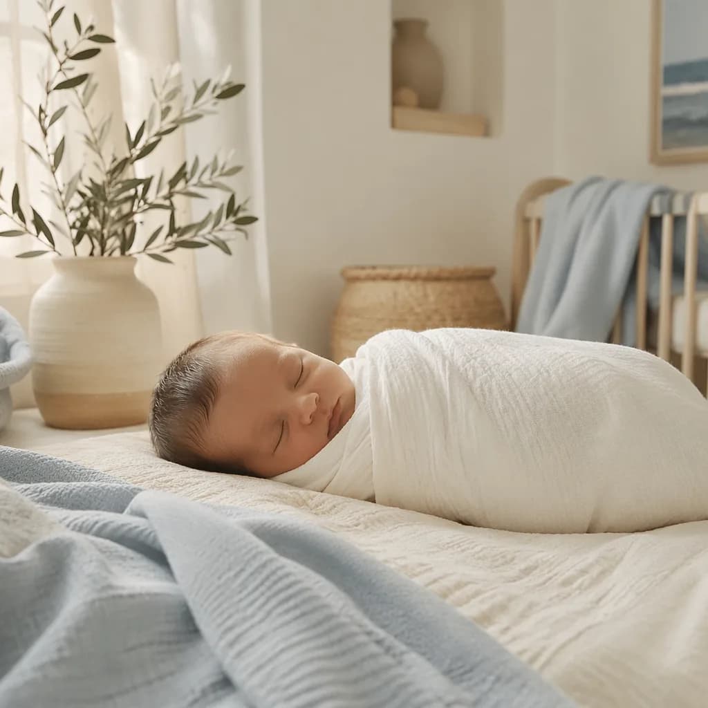 Sleeping newborn in a soft Greek-inspired nursery with olive branch accents.