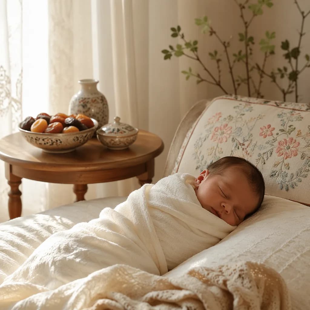 Sleeping newborn in a softly lit Persian-inspired nursery at dawn.