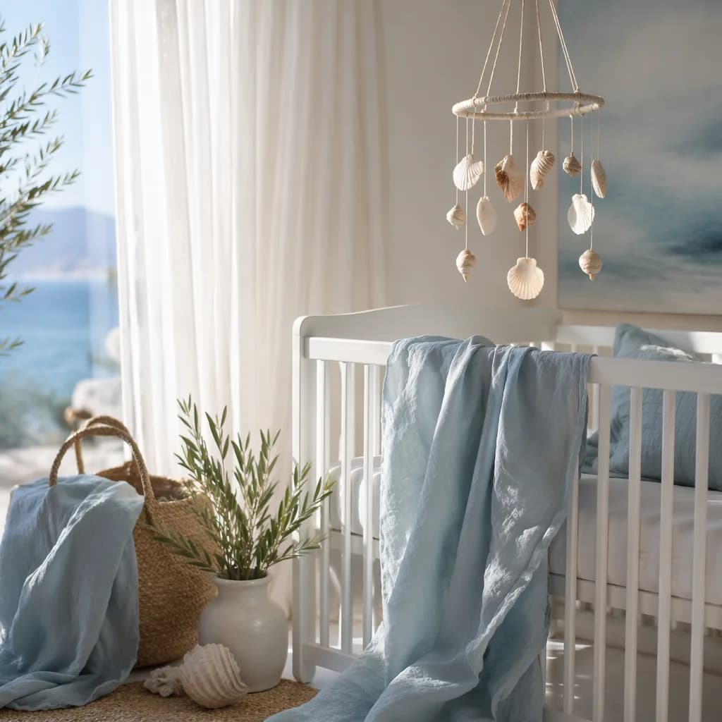 Soft coastal nursery with seashell mobile and pastel blue baby blanket inspired by the Greek name Pelagia