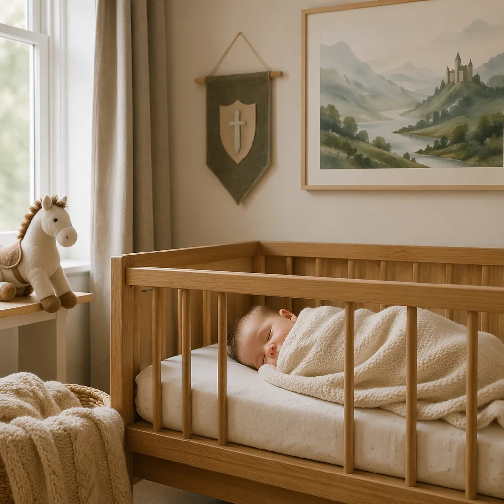 Sleeping baby in a soft nursery with gentle knight and valley-inspired decor.