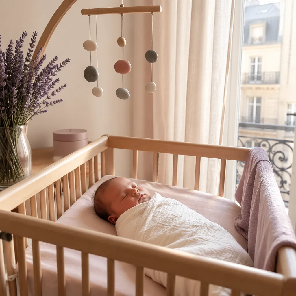 A peaceful French-inspired nursery with a sleeping baby and soft pebble mobile.