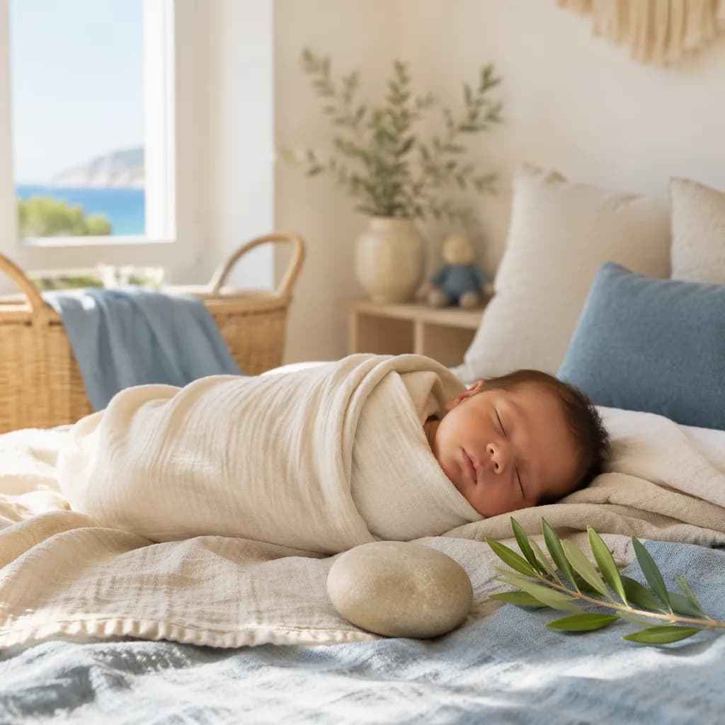Sleeping swaddled baby in a soft Greek-inspired nursery with a stone and olive branch.