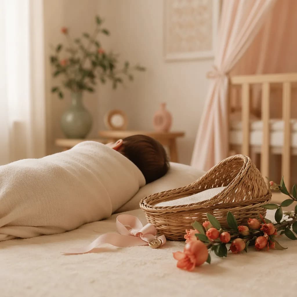 A peaceful Persian-inspired nursery with a swaddled newborn and soft symbolic details.