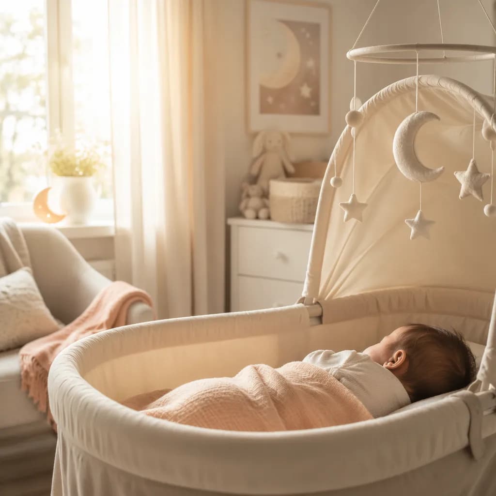 Cozy pastel nursery with a sleeping baby and moon-and-star mobile in gentle light.