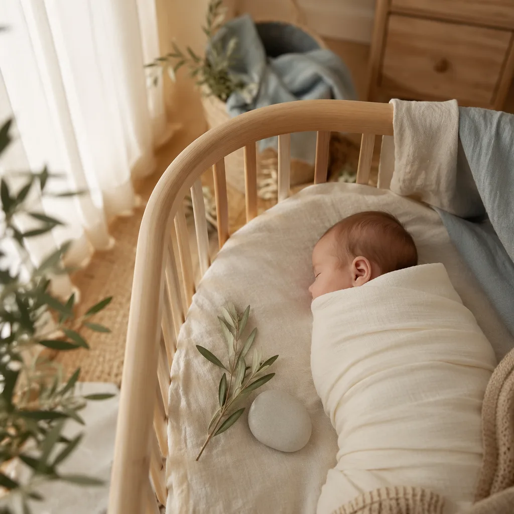 A softly lit Italian-inspired nursery with a swaddled newborn, olive branch, and smooth stone.