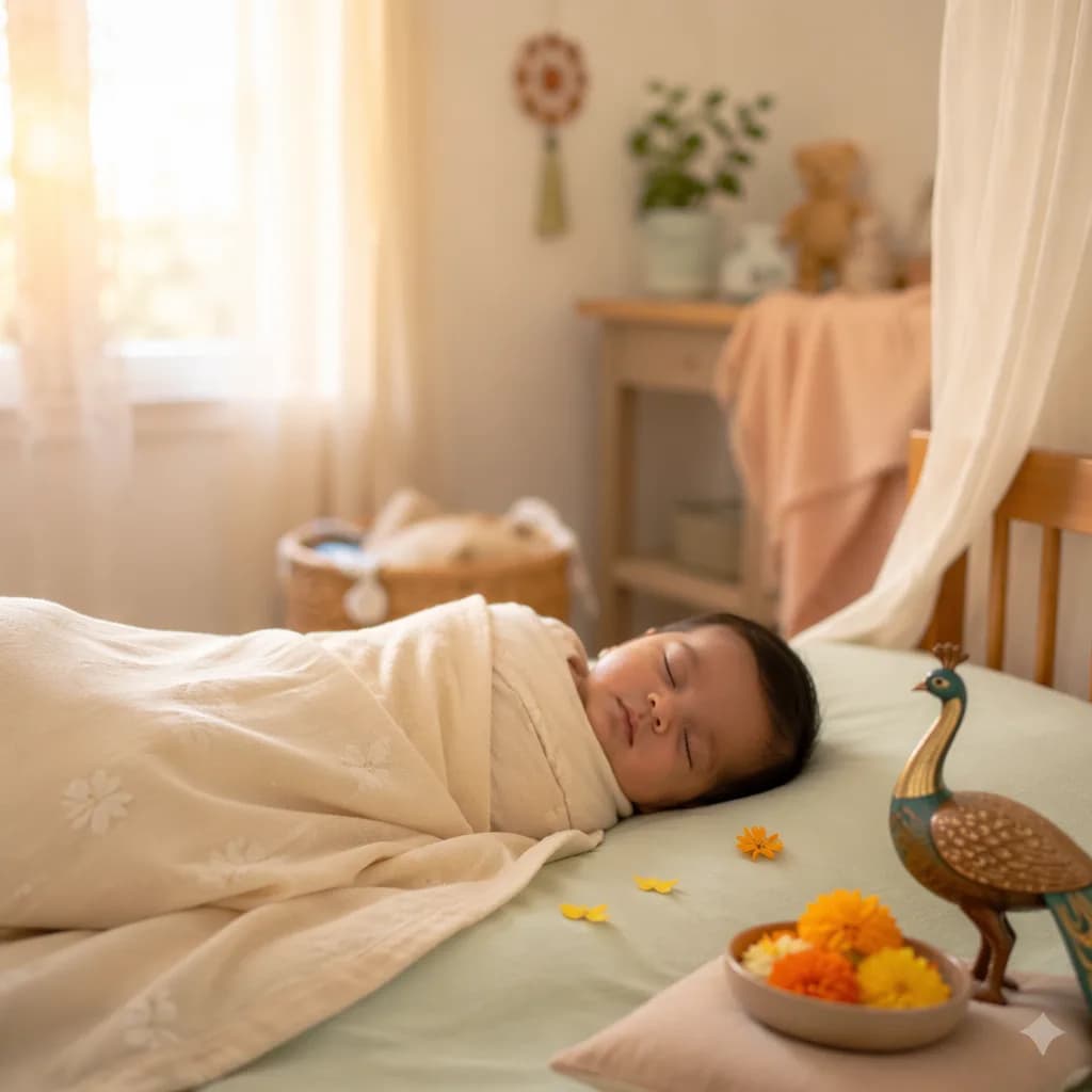 Peaceful baby in a softly lit pastel nursery with subtle Indian-inspired decor.
