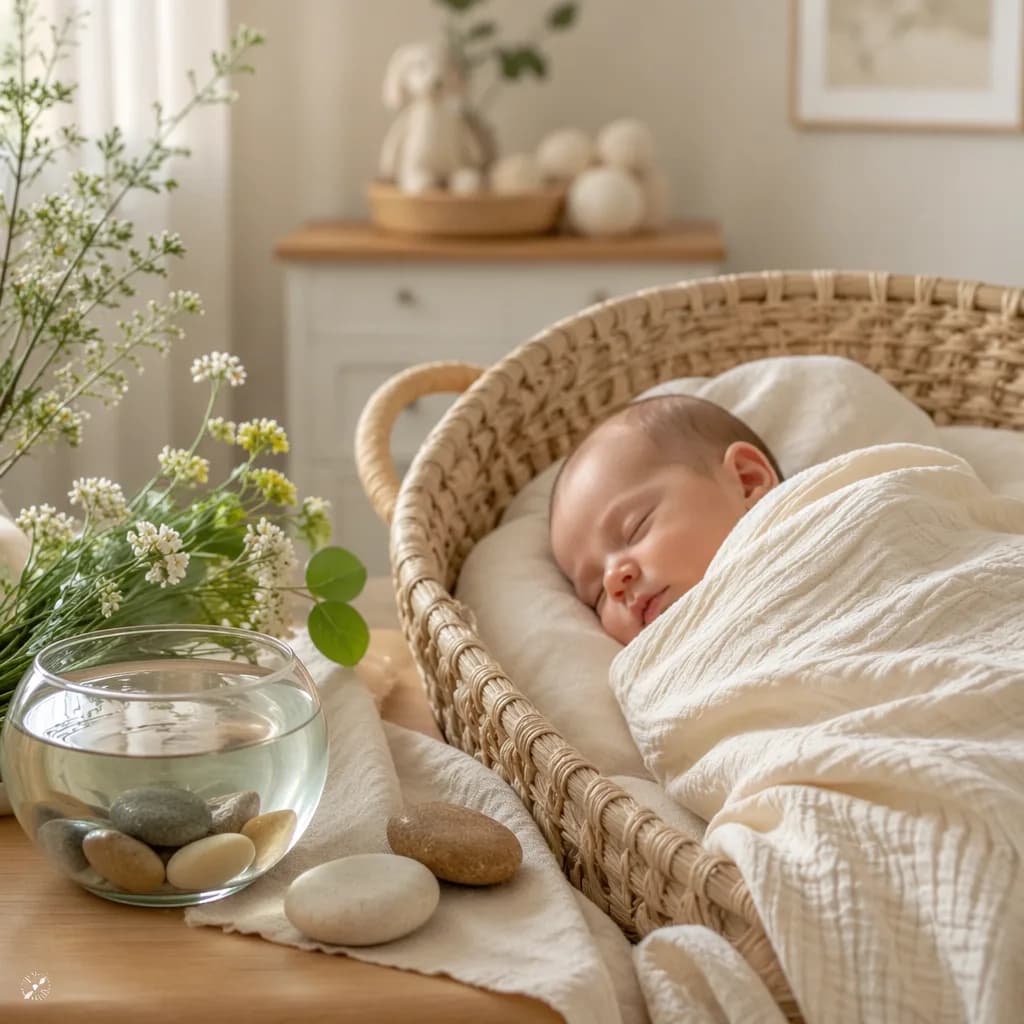 A softly lit nursery scene with a swaddled baby and a gentle water-inspired still life.