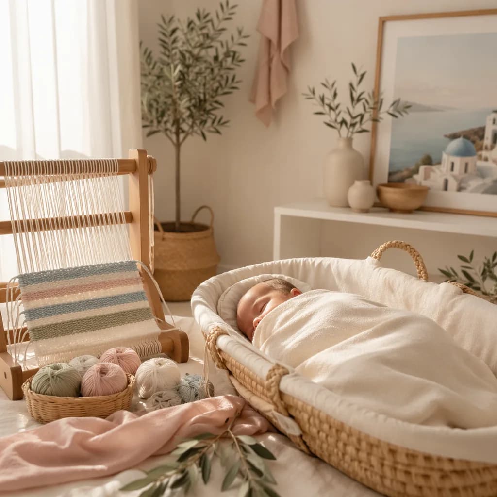Sleeping baby in a soft Greek-inspired nursery with a small loom and olive branches.