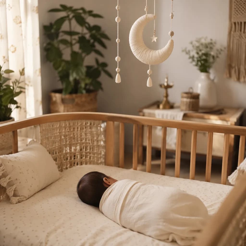 A peaceful pastel nursery with a sleeping swaddled baby and crescent moon mobile.