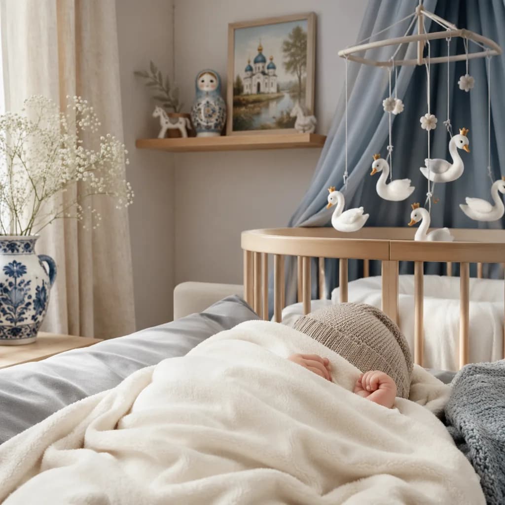 Sleeping baby in a cozy pastel nursery with a white swan mobile.