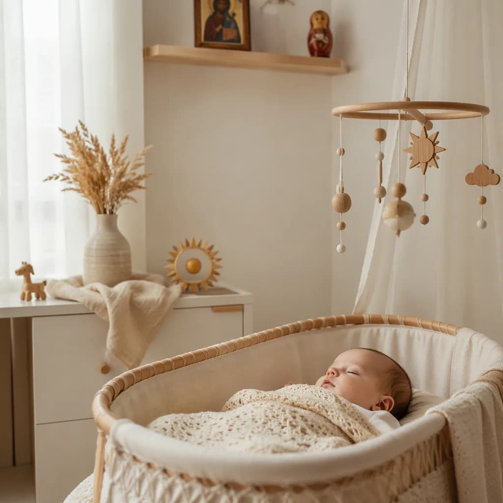 A softly lit cozy nursery with a sleeping baby in a cream blanket and subtle Russian-inspired decor.