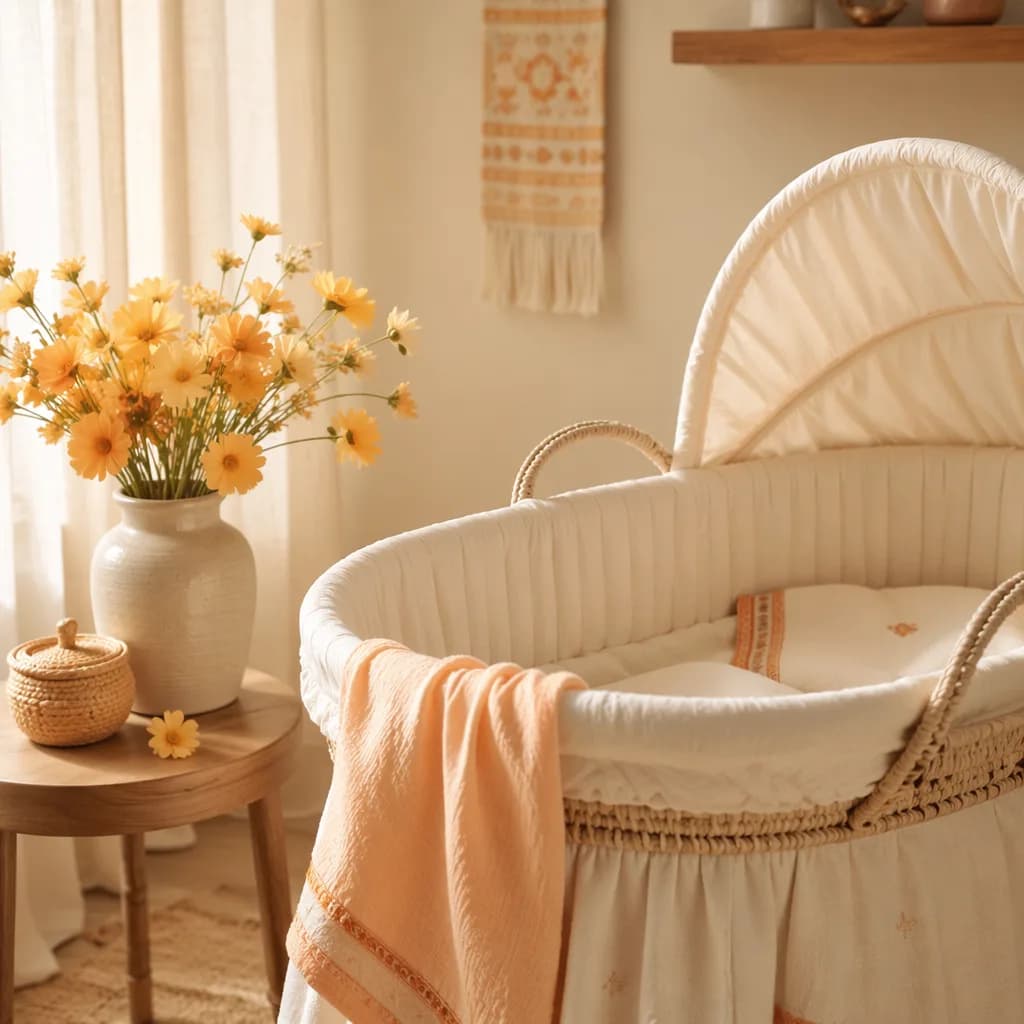 Cozy nursery with golden flowers and soft pastel baby linens.