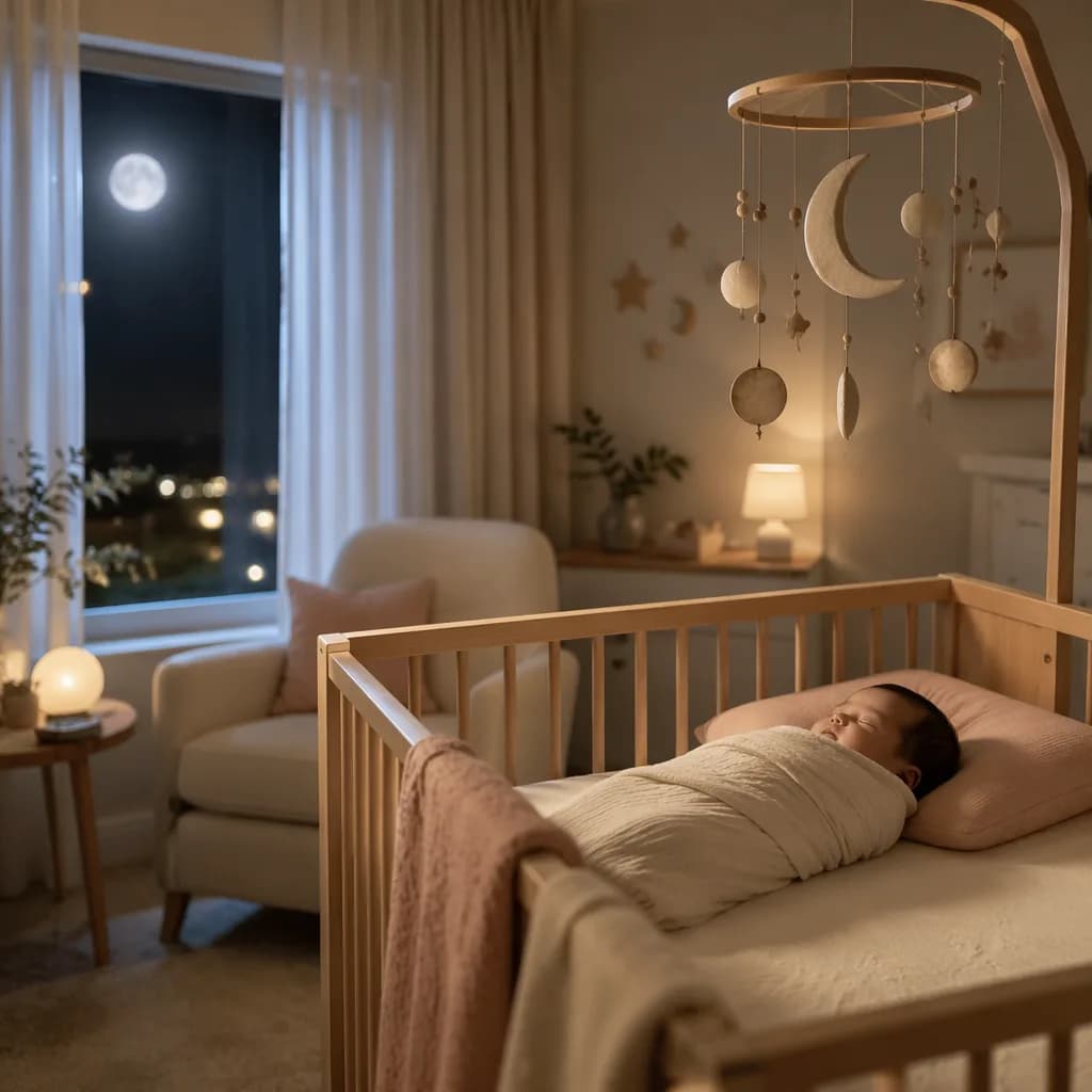 Sleeping baby in a cozy moonlit nursery inspired by the name Poornima.