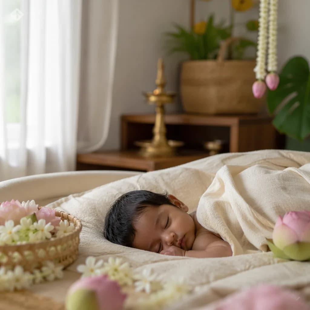 Soft Tamil-inspired nursery scene with a sleeping swaddled baby and delicate flowers.