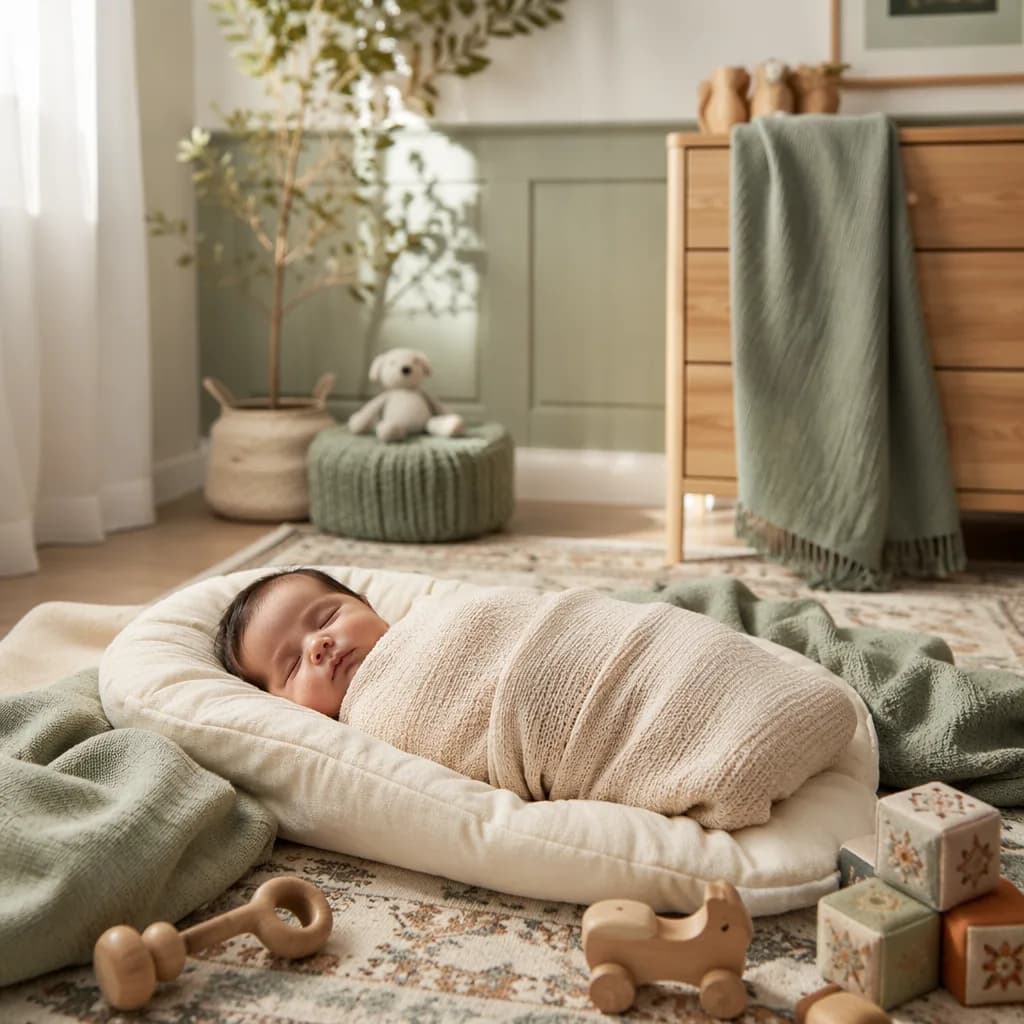 A peaceful swaddled newborn in a softly lit Persian-inspired nursery.