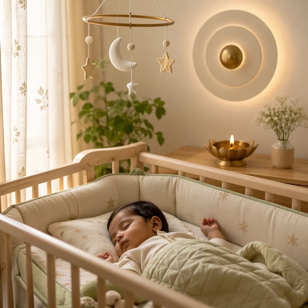 Peaceful Indian baby sleeping in a soft pastel nursery with gentle star-themed decor.