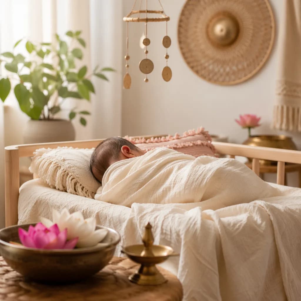 Peaceful newborn in a soft pastel Indian-inspired nursery with lotus accents and warm natural light.