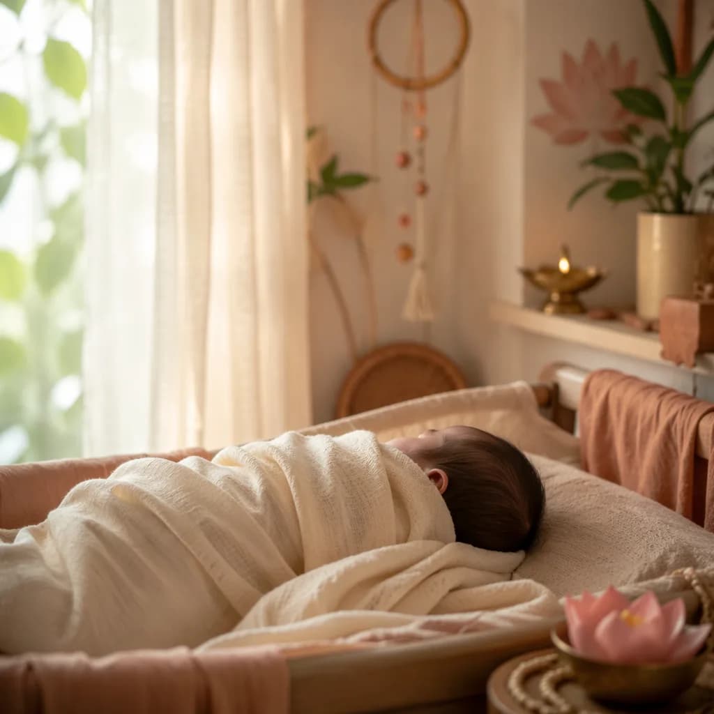 Sleeping newborn in a warm pastel nursery with subtle Indian-inspired decor.