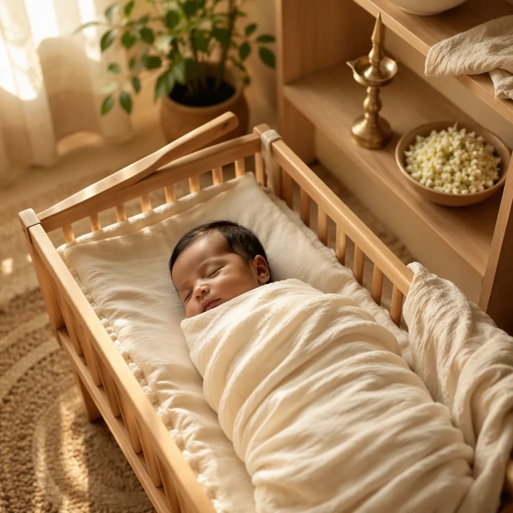 A peaceful Tamil nursery scene with a swaddled sleeping baby and soft South Indian-inspired details.