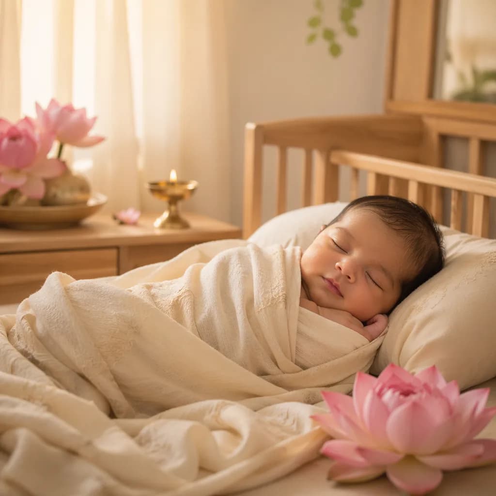 Peaceful newborn in a soft pastel nursery with lotus-inspired Sanskrit decor.