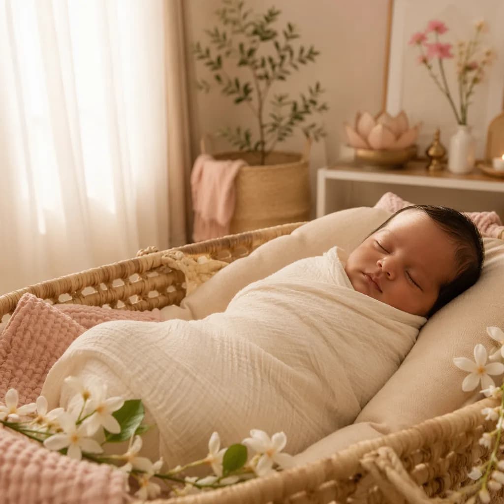 Peaceful baby in a soft pastel nursery with delicate flowers and warm natural light