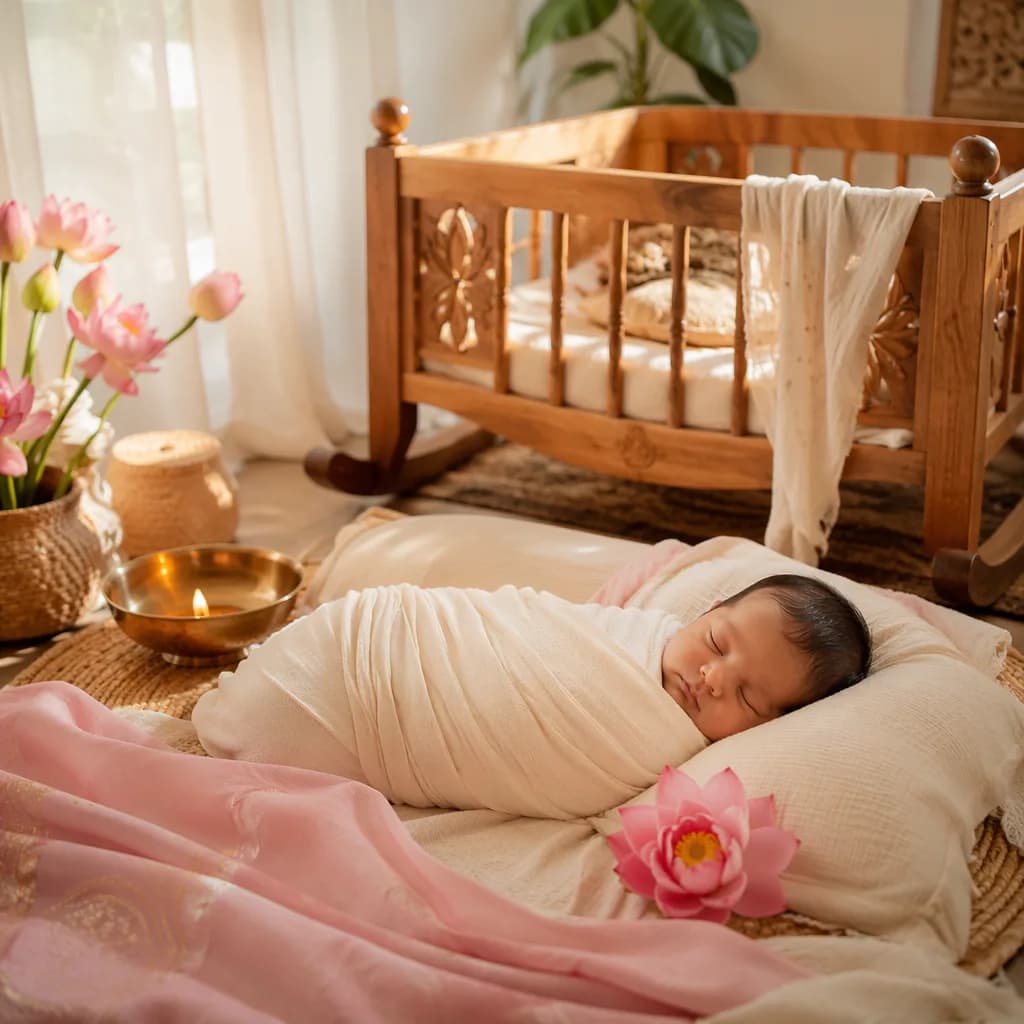A peaceful pastel nursery with a swaddled sleeping baby, lotus flowers, and soft morning light.