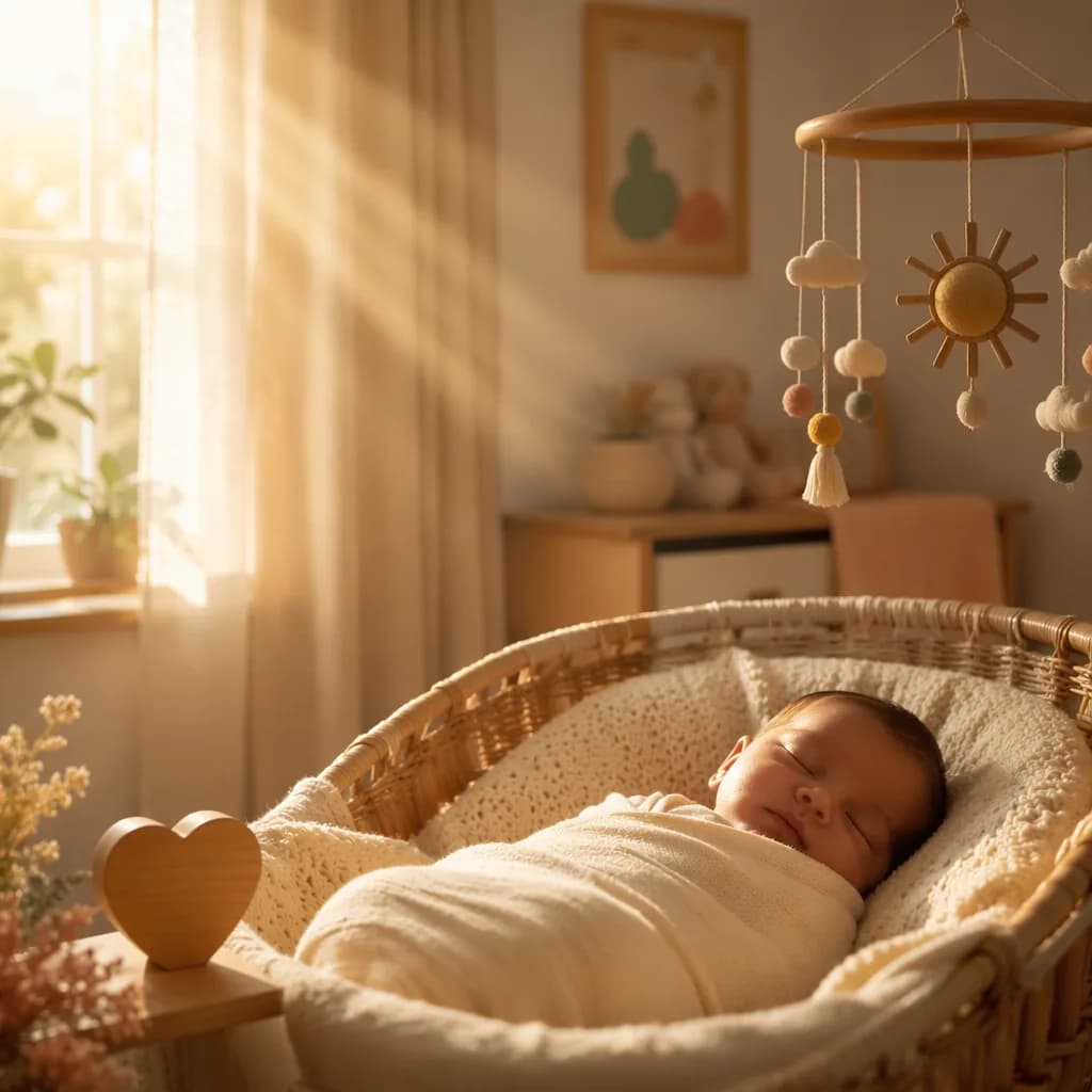 Sleeping baby in a soft pastel nursery with warm morning sunbeams.
