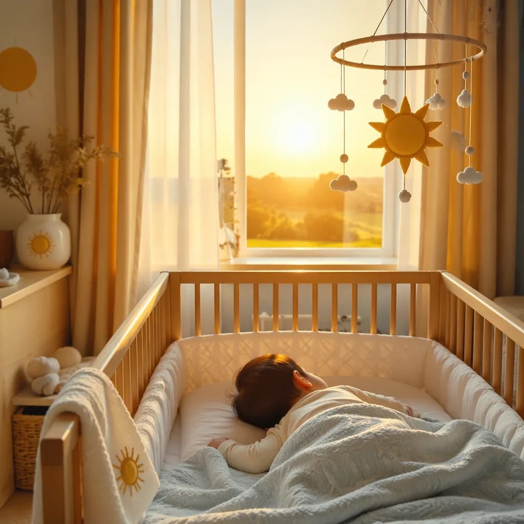 Soft sunrise light fills a cozy nursery with a sleeping baby and gentle sun-inspired decor.