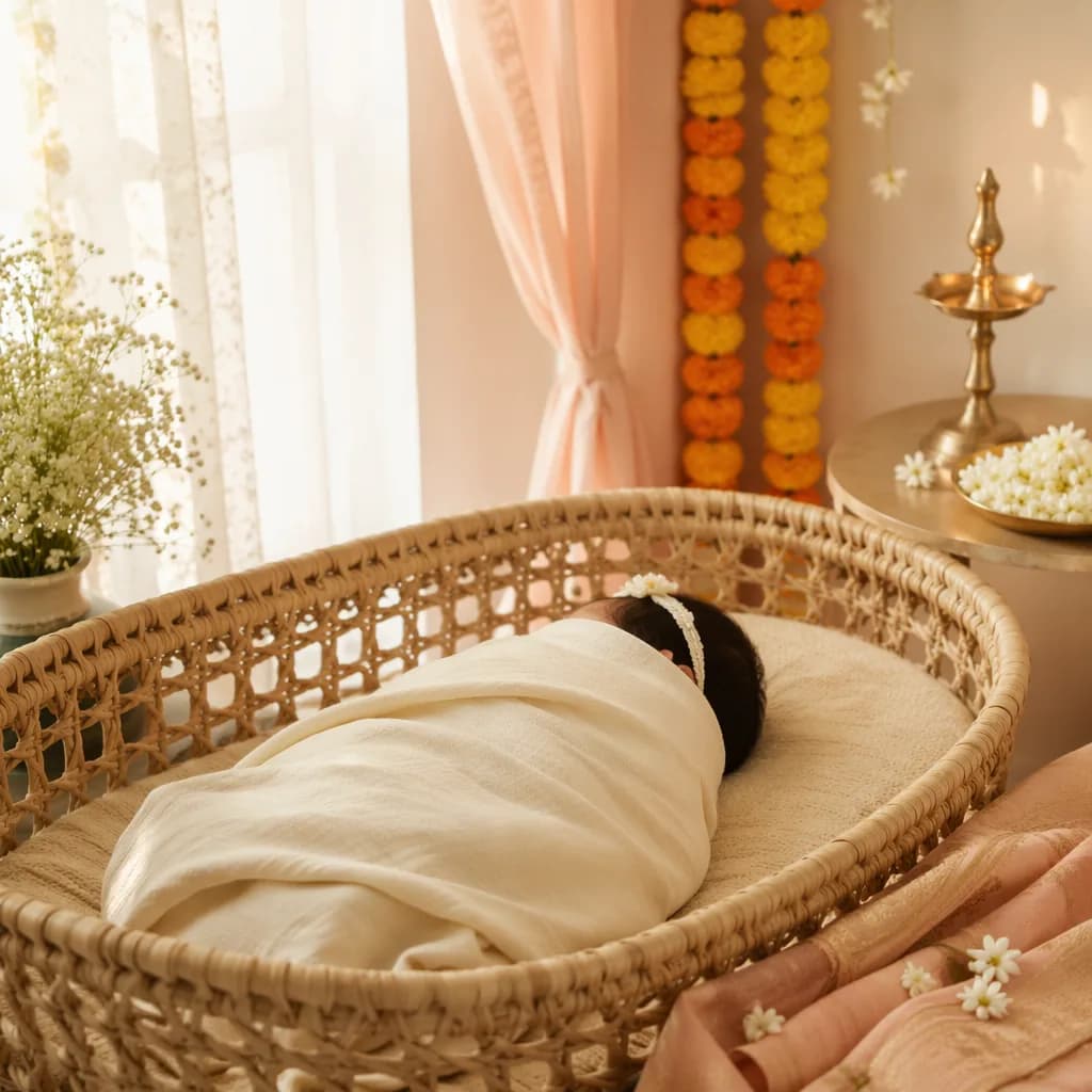 A softly lit pastel nursery with a swaddled sleeping baby and gentle Indian-inspired floral details.