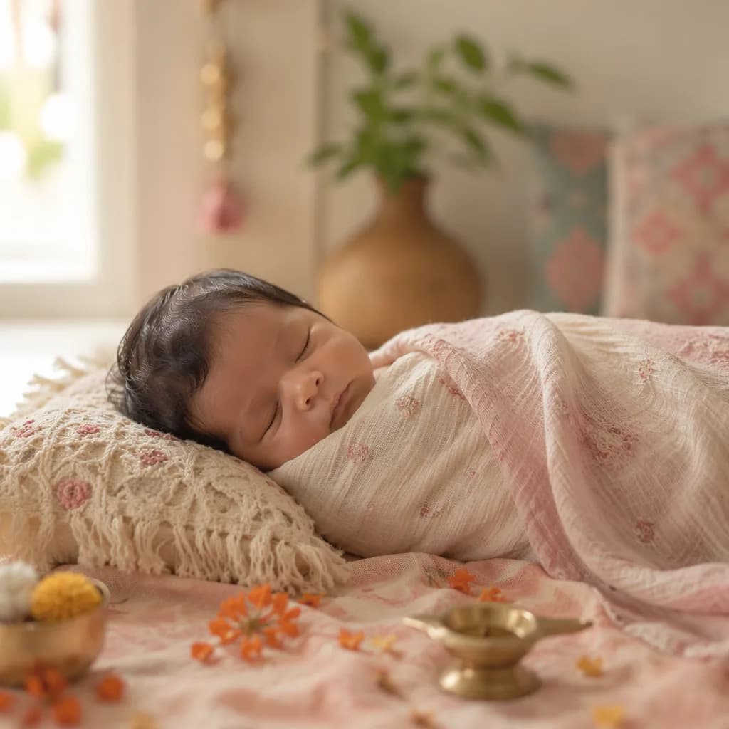 Sleeping newborn in a soft pastel Indian-inspired nursery with gentle natural light.