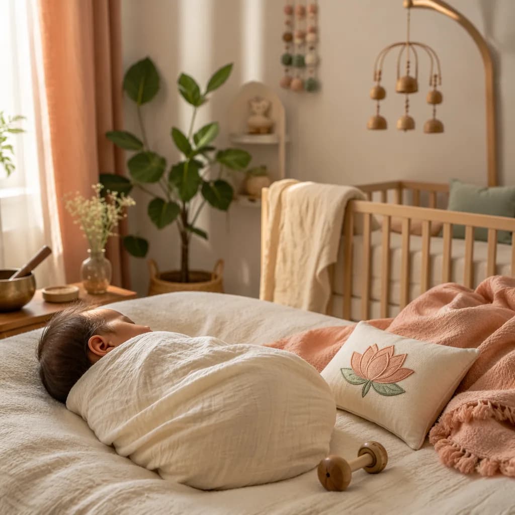 Sleeping newborn in a soft pastel nursery with subtle lotus and music-inspired decor.