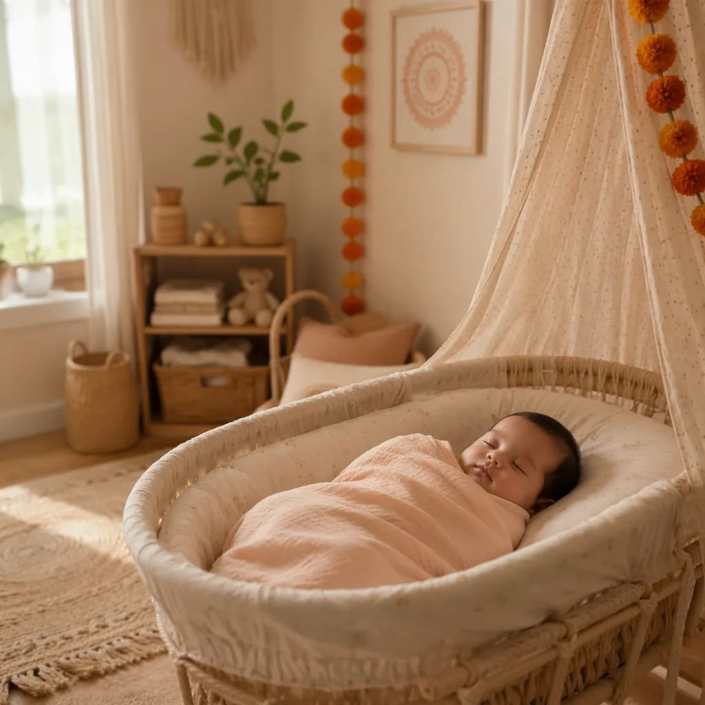 A peaceful pastel nursery with a sleeping baby wrapped in a soft peach blanket.
