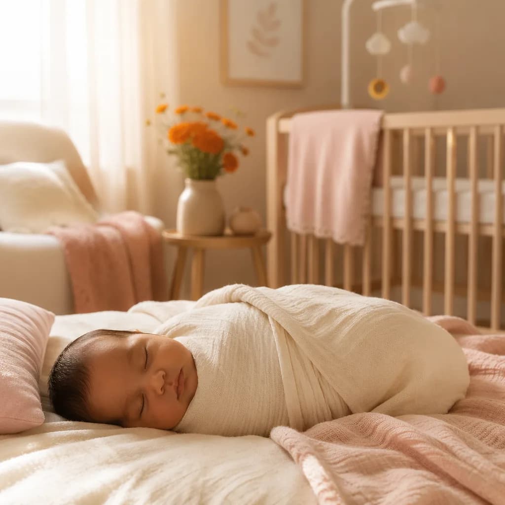 A peaceful swaddled baby in a warm pastel nursery with soft flowers and natural light.