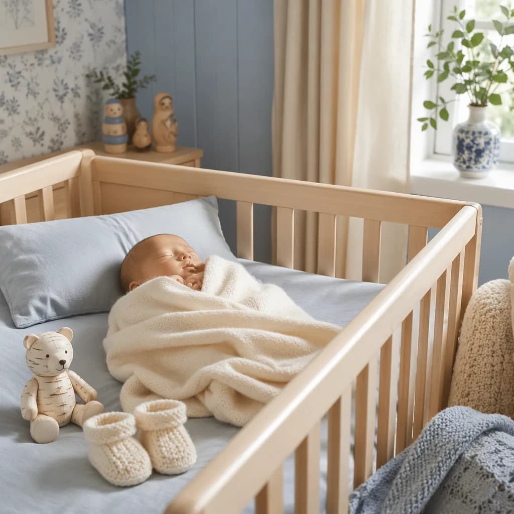 Sleeping baby in a soft pastel nursery with subtle Russian-inspired details