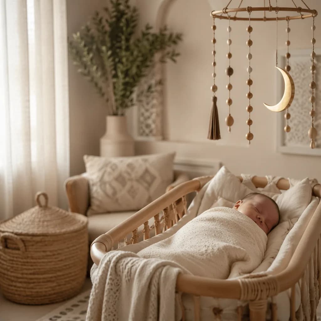 Sleeping baby in a warm Arabic-inspired pastel nursery with crescent mobile and cozy natural textures.