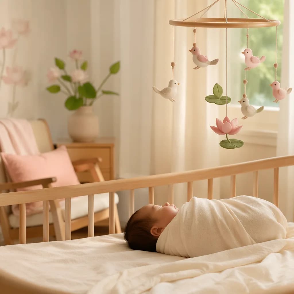 A peaceful Vietnamese-inspired nursery with a swaddled baby and a delicate pastel bird mobile.