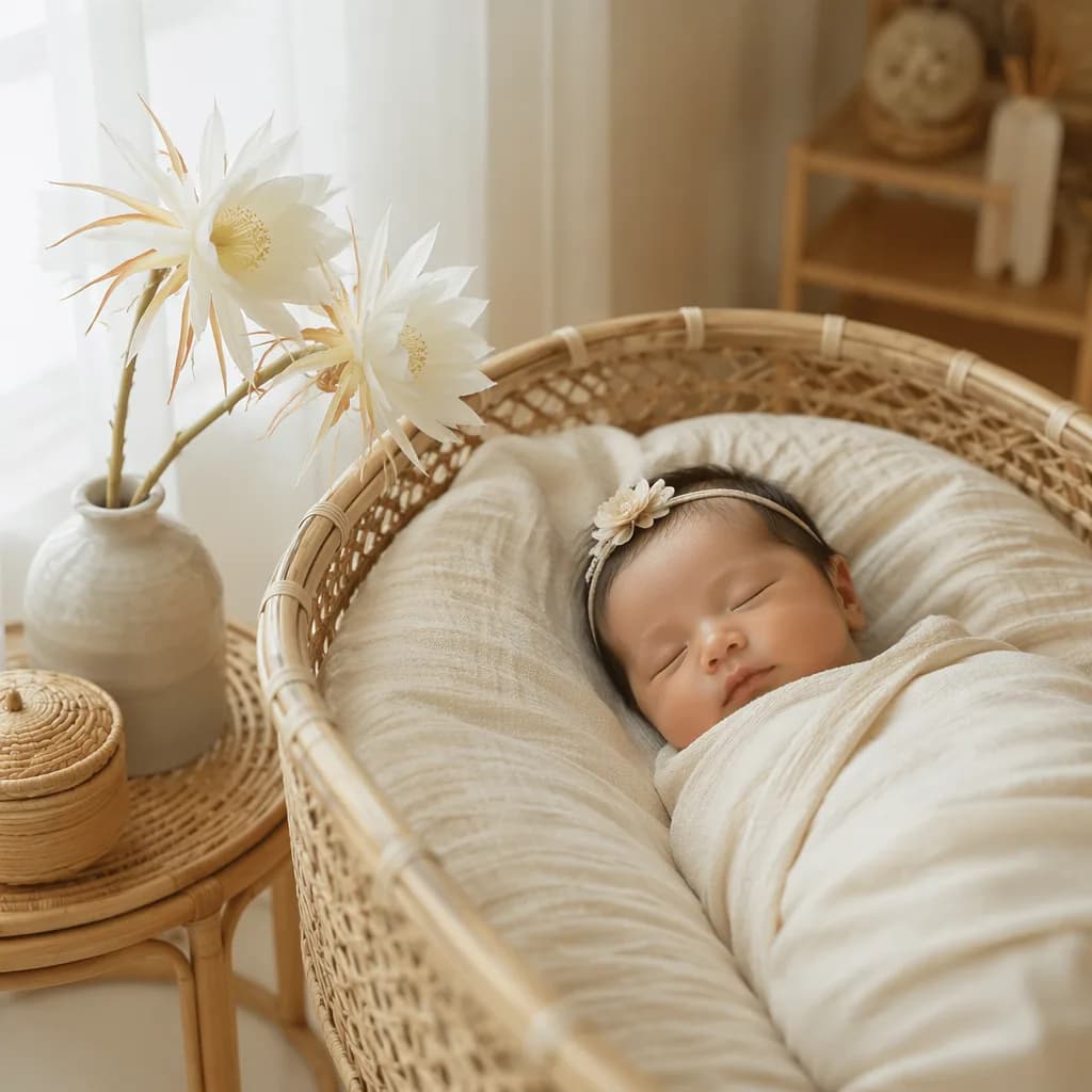 A sleeping swaddled baby in a soft nursery beside delicate white night-blooming flowers.