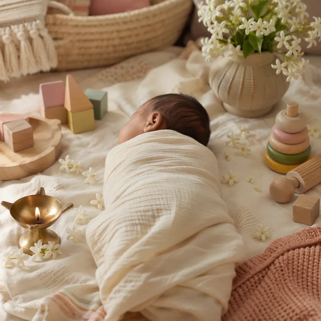 A softly lit nursery scene with a swaddled baby and carefully arranged pastel keepsakes.