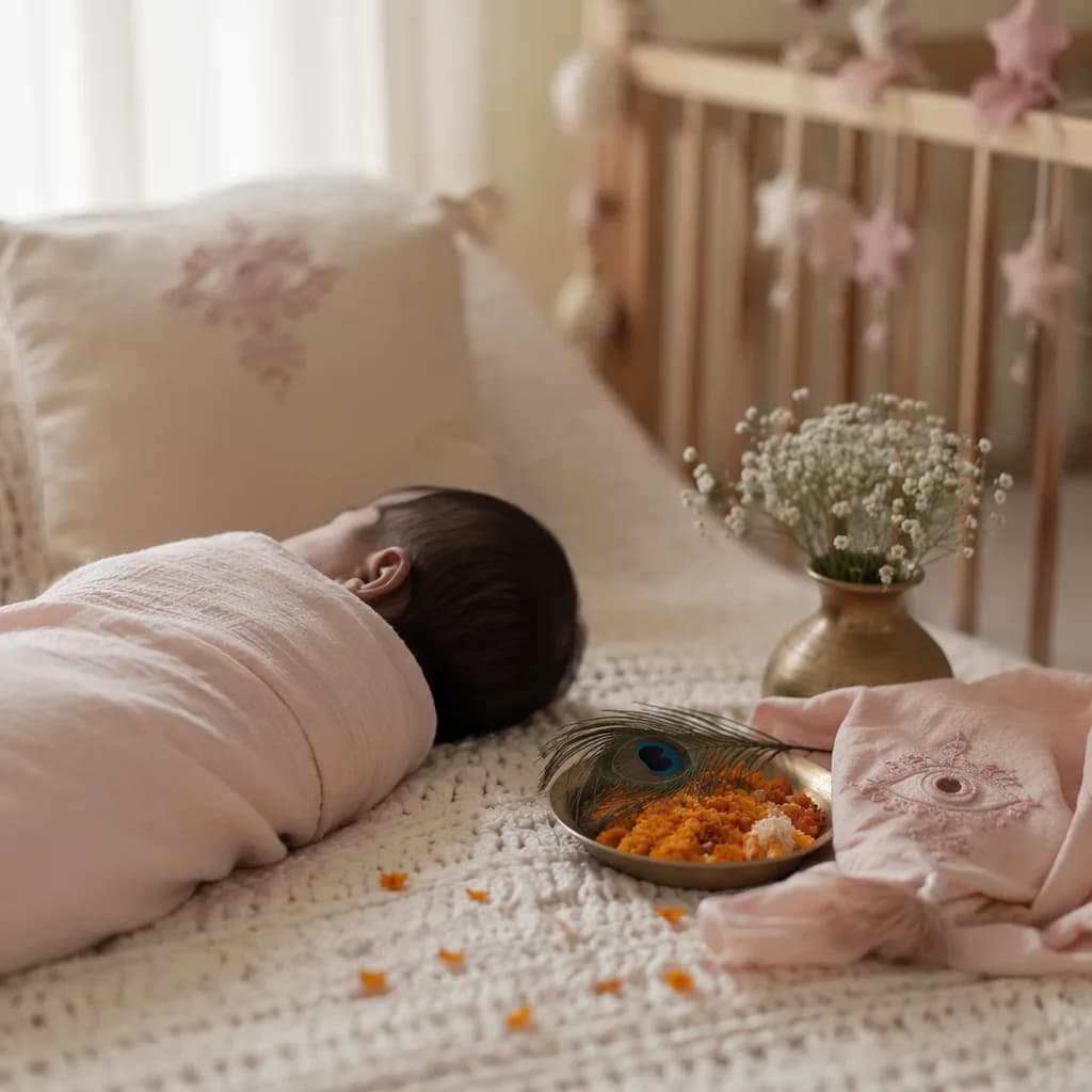 A softly lit nursery scene with a swaddled Hindi baby, marigold petals, and a peacock feather.
