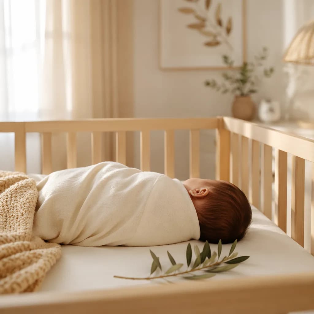A softly lit cozy nursery with a swaddled sleeping baby and gentle olive branch details.