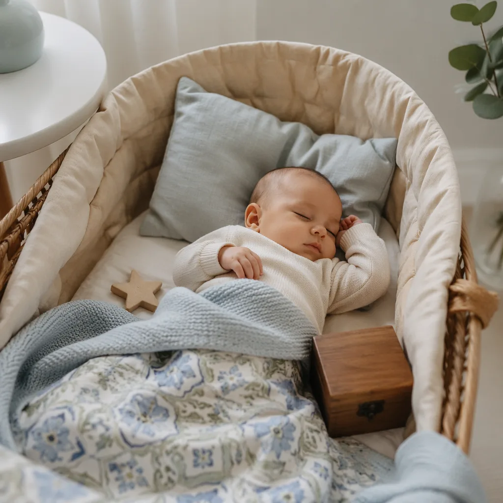Peaceful baby in a soft Portuguese-inspired nursery with pastel blankets and warm natural light.