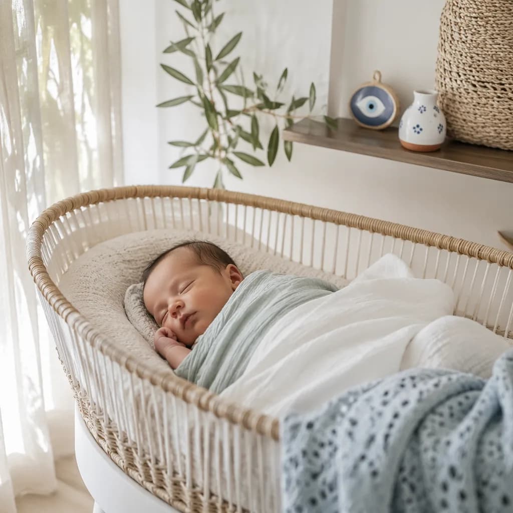 Peaceful sleeping baby in a softly lit Greek-inspired nursery with olive branch decor.