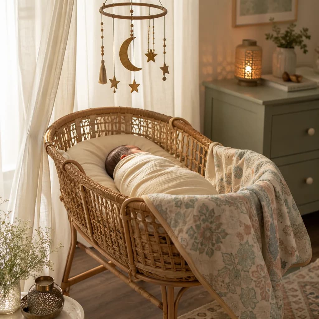 Sleeping baby in a soft pastel Urdu-inspired nursery with gentle natural light.