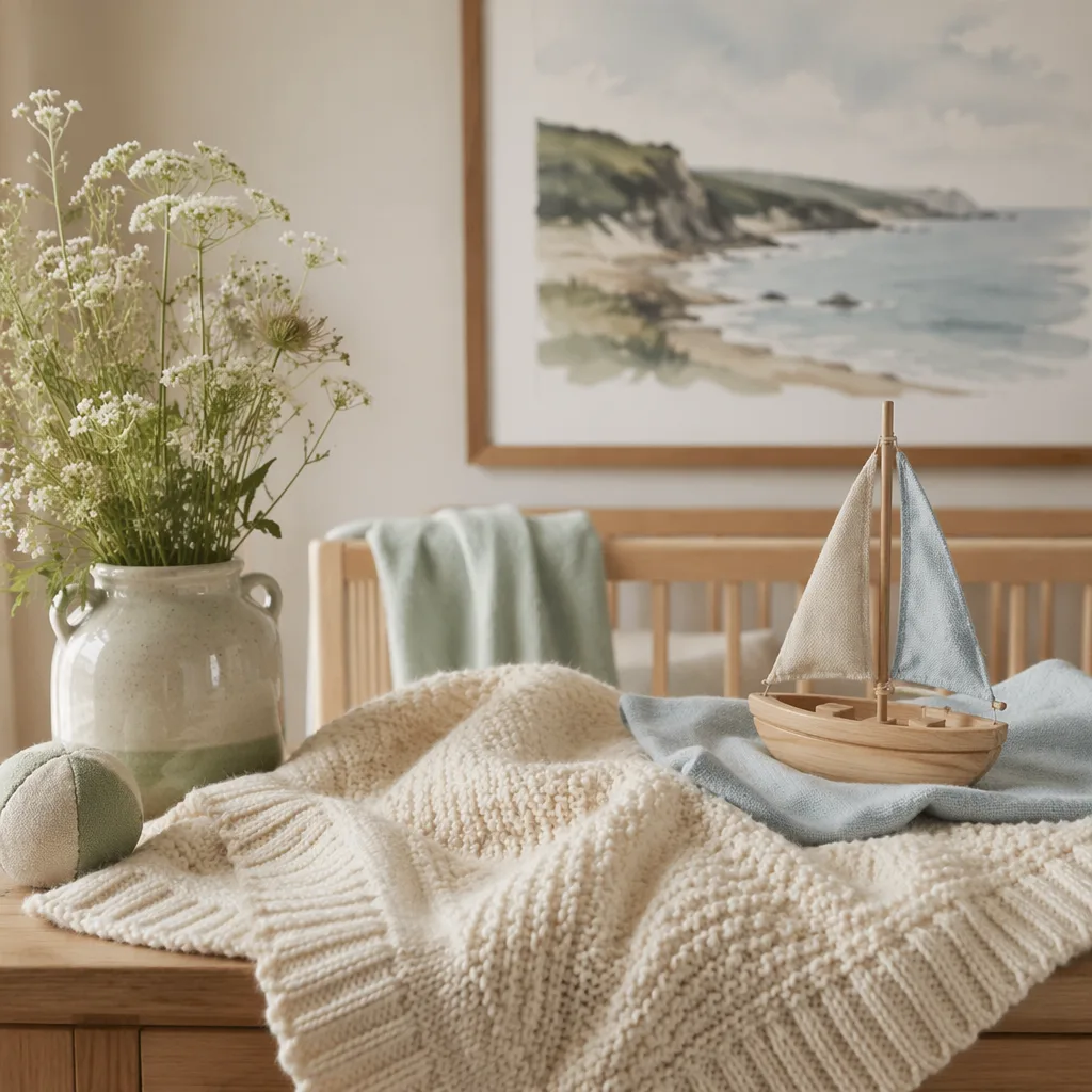 Cozy pastel nursery still-life with a baby blanket, wooden sailboat toy, and soft coastal accents.